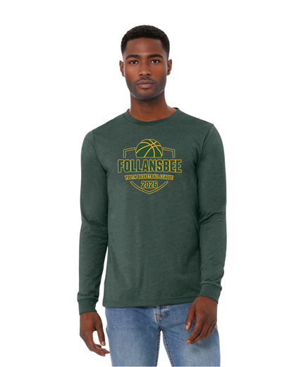 Adult Unisex Follansbee Youth Basketball Long Sleeve Tee - Green and Gold Logo