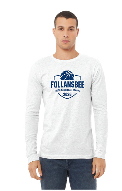 Adult Unisex Follansbee Youth Basketball Long Sleeve Tee - Blue and White Logo