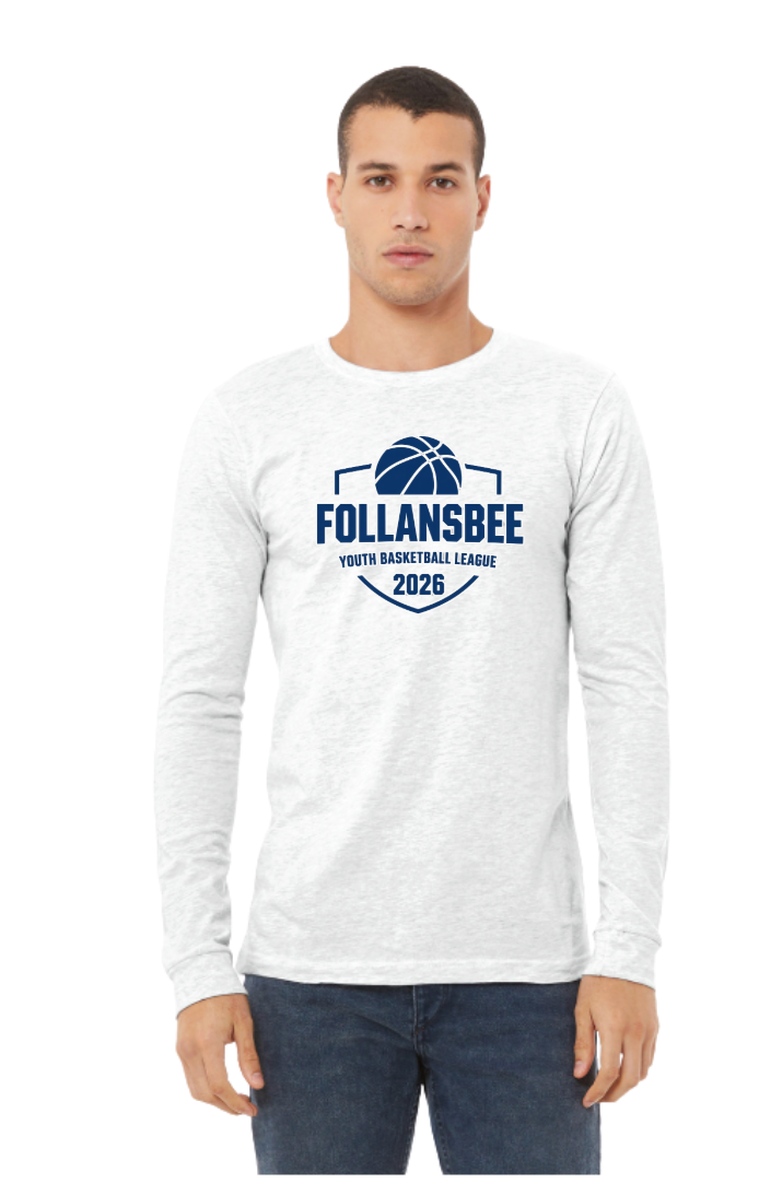 Adult Unisex Follansbee Youth Basketball Long Sleeve Tee - Blue and White Logo