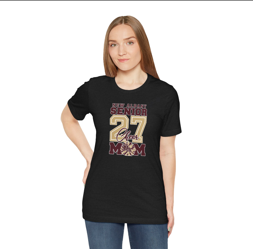 Adult Unisex New Albany 2027 Senior Cheer Mom Graphic Short Sleeve Bella + Canvas Soft Tee - CUSTOMIZED BACK