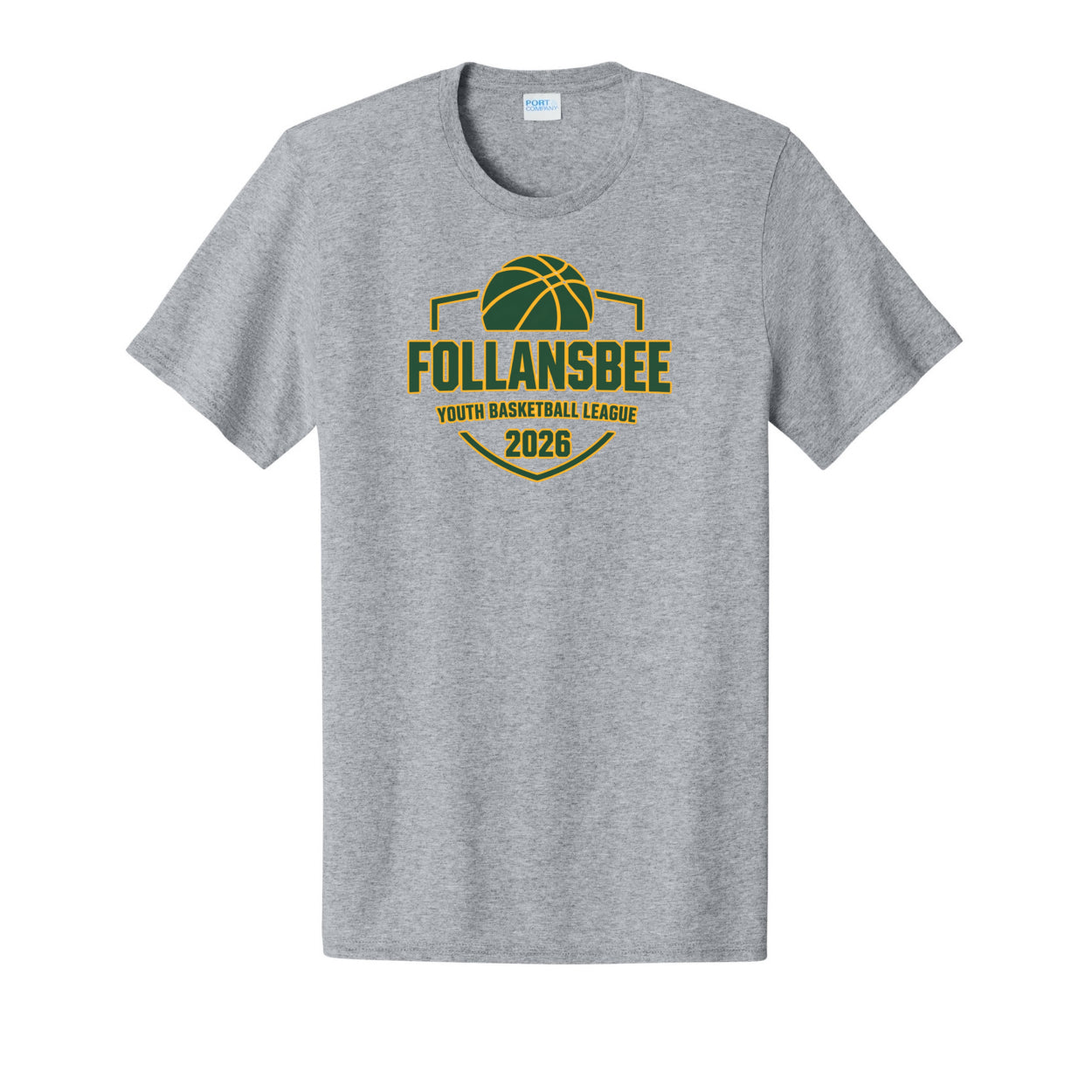 Adult Unisex Follansbee Youth Basketball Tee - Green and Gold Logo