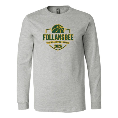 Adult Unisex Follansbee Youth Basketball Long Sleeve Tee - Green and Gold Logo