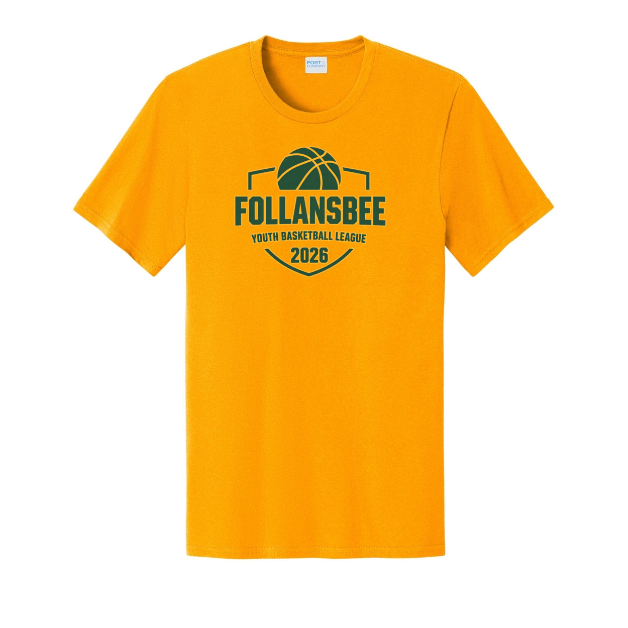 Adult Unisex Follansbee Youth Basketball Tee - Green and Gold Logo