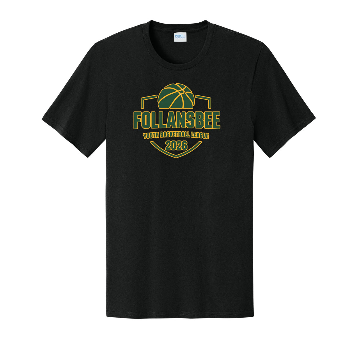 Adult Unisex Follansbee Youth Basketball Tee - Green and Gold Logo