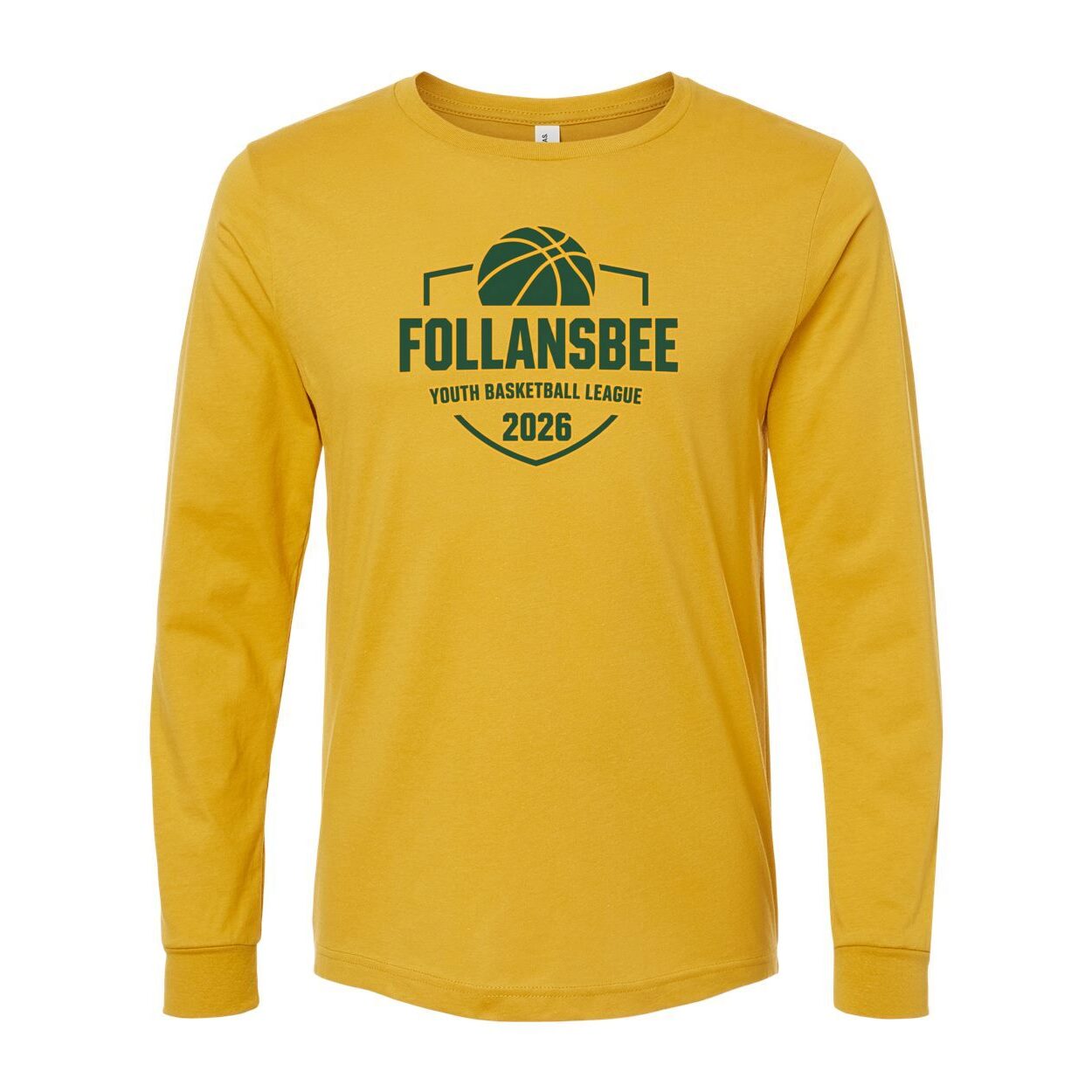Adult Unisex Follansbee Youth Basketball Long Sleeve Tee - Green and Gold Logo