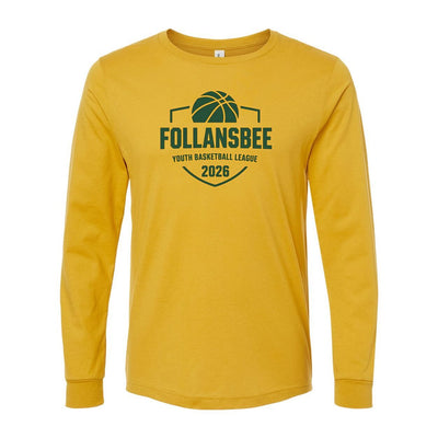Adult Unisex Follansbee Youth Basketball Long Sleeve Tee - Green and Gold Logo