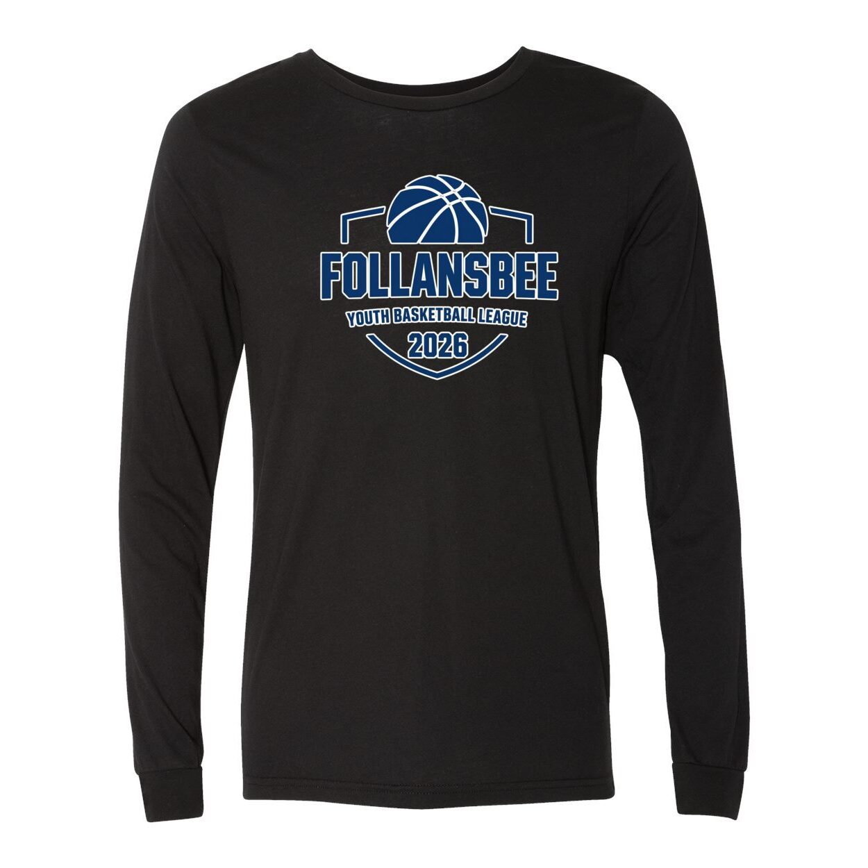 Adult Unisex Follansbee Youth Basketball Long Sleeve Tee - Blue and White Logo