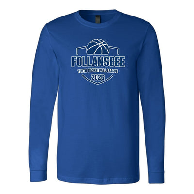 Adult Unisex Follansbee Youth Basketball Long Sleeve Tee - Blue and White Logo