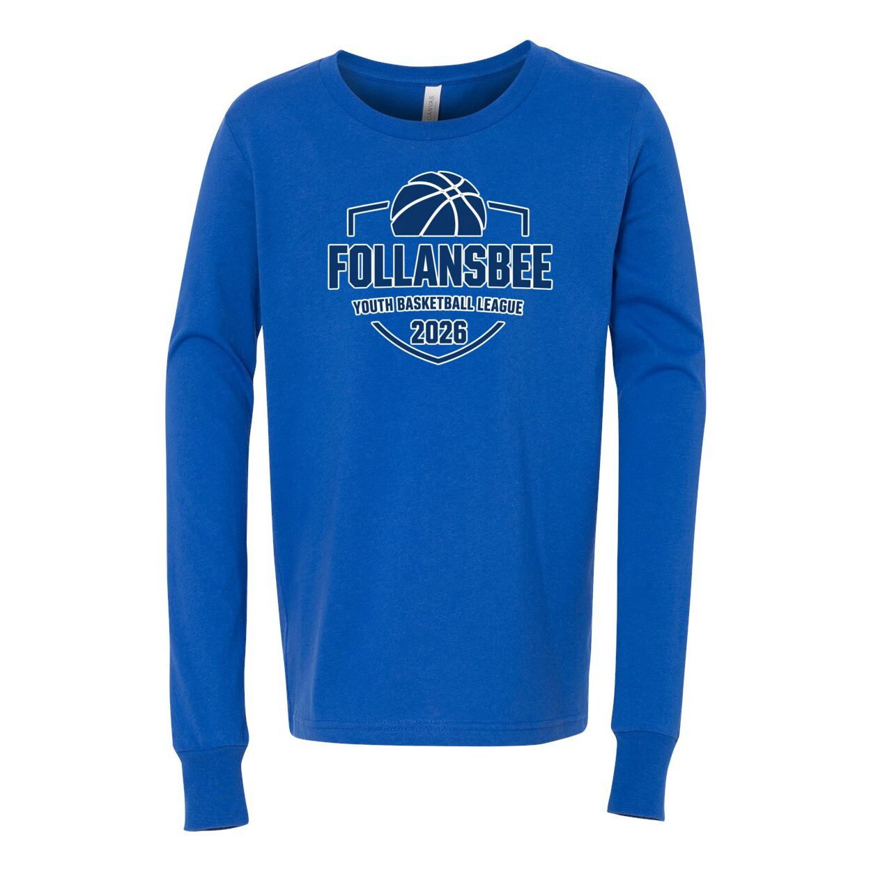 Kids Follansbee Youth Basketball Long Sleeve Tee - Blue and White Logo