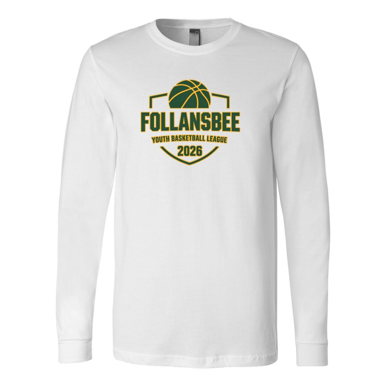 Adult Unisex Follansbee Youth Basketball Long Sleeve Tee - Green and Gold Logo