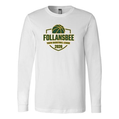 Adult Unisex Follansbee Youth Basketball Long Sleeve Tee - Green and Gold Logo