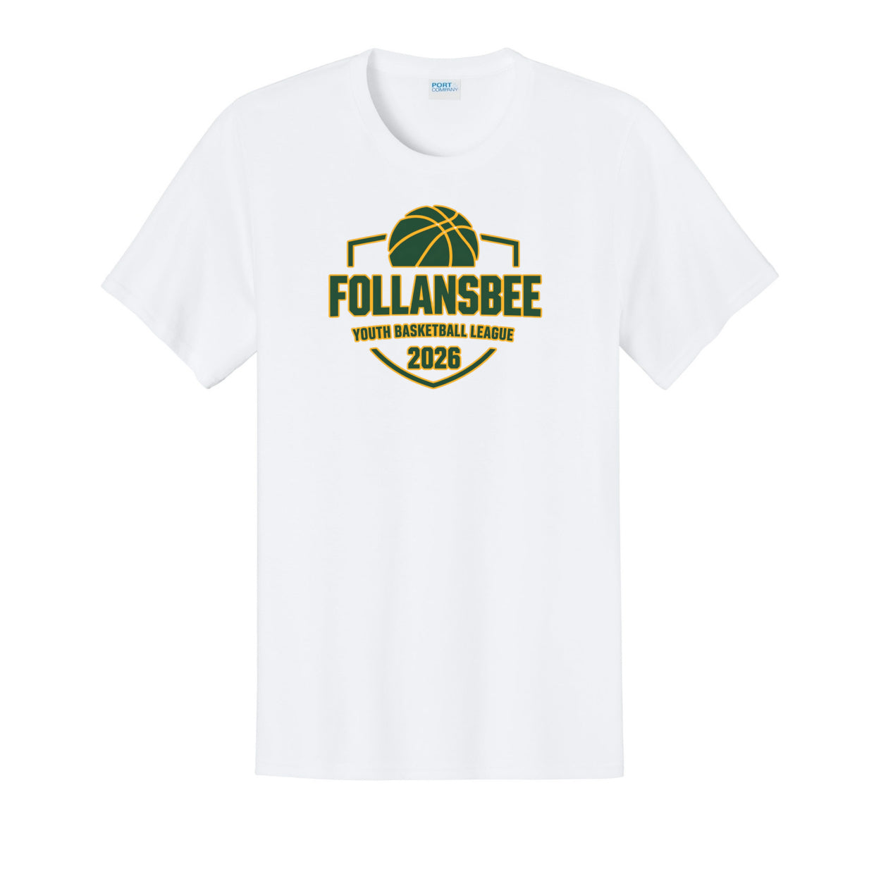 Adult Unisex Follansbee Youth Basketball Tee - Green and Gold Logo