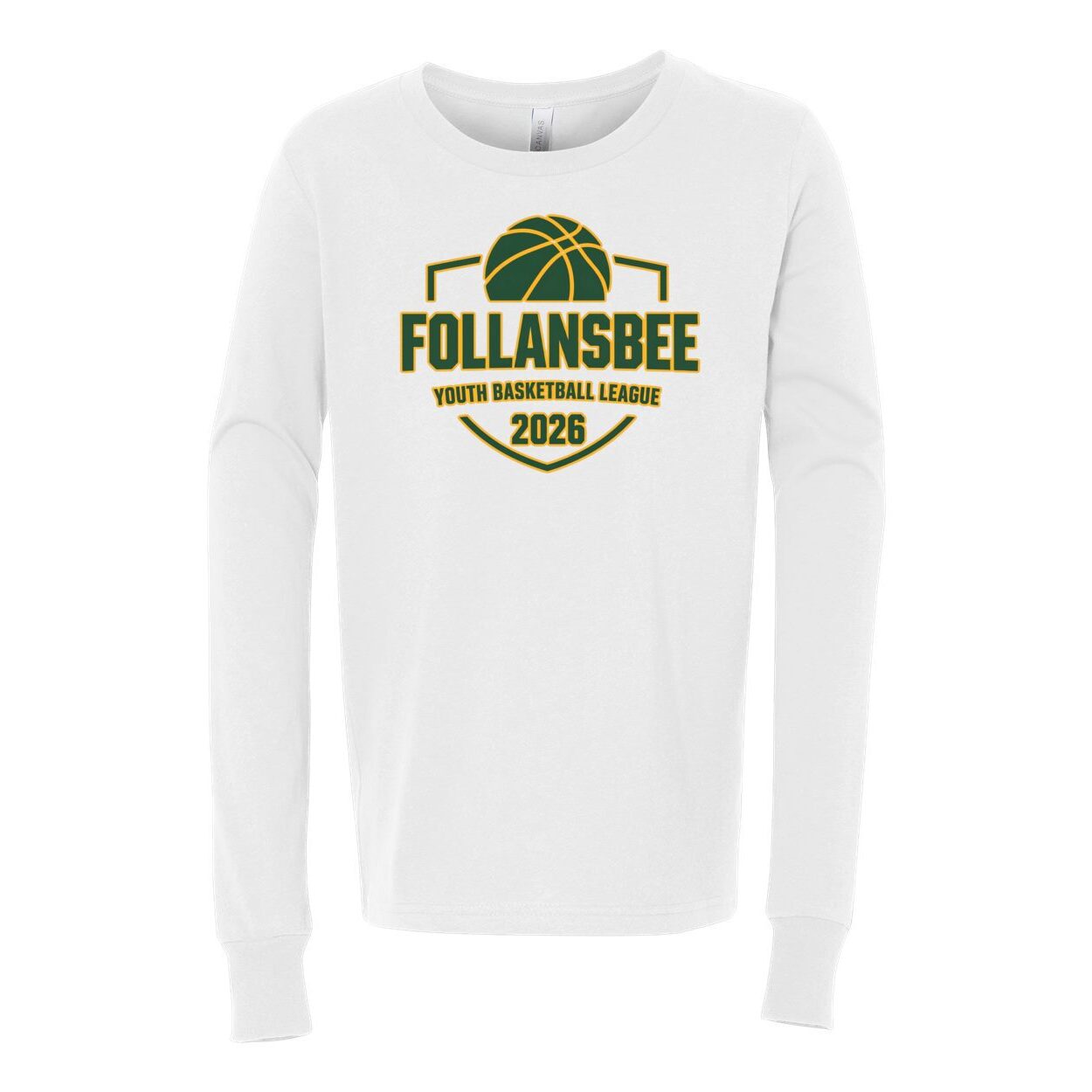 Kids Follansbee Youth Basketball Long Sleeve Tee - Green and Gold Logo