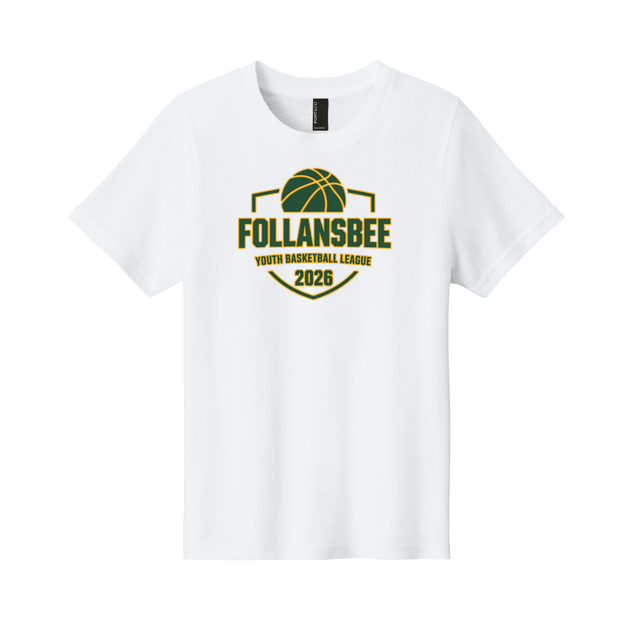 Kids Follansbee Youth Basketball Tee - Green and Gold Logo
