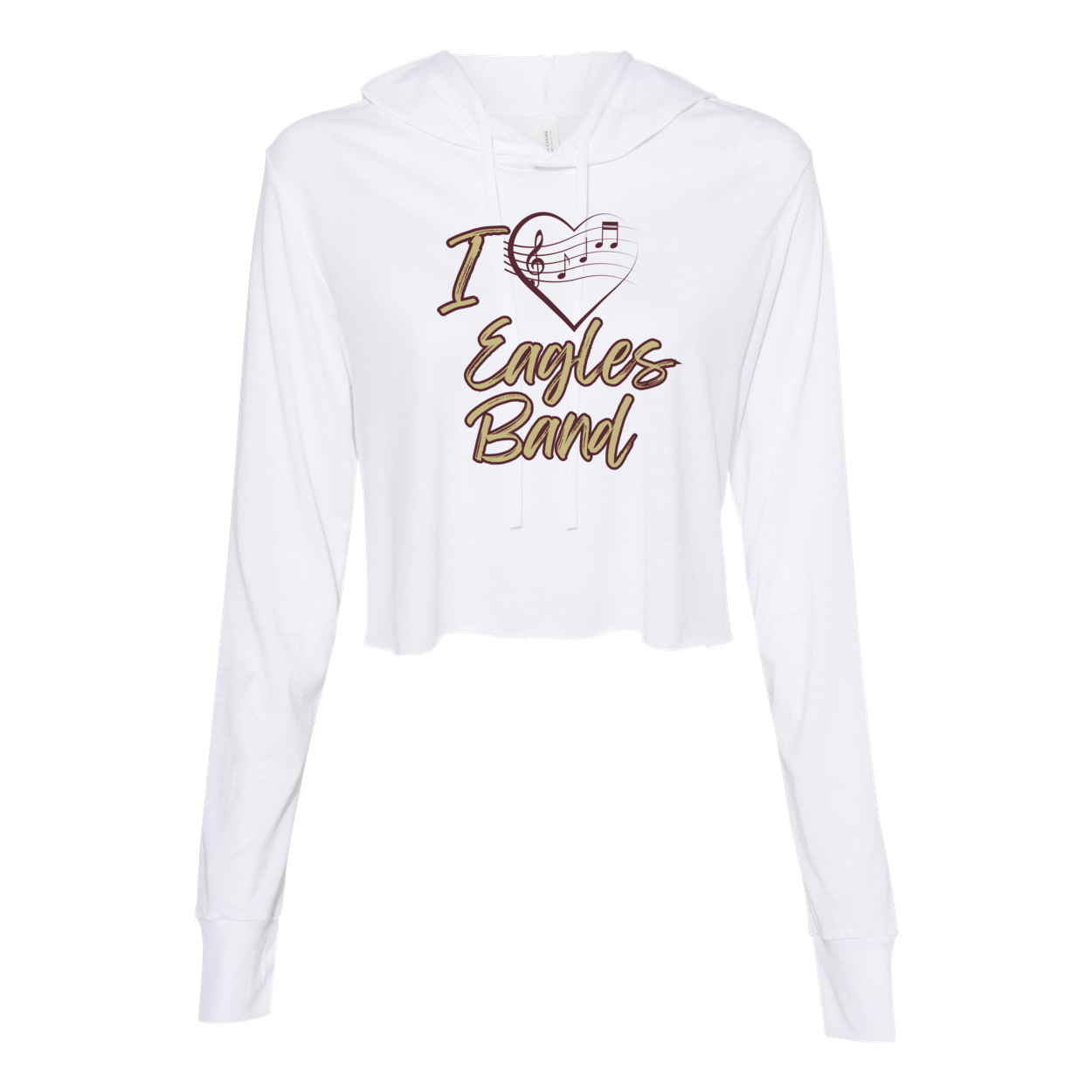 Women's Super Soft Band Heart Graphic Long Sleeve Cropped Hooded Tee - New Albany Eagles